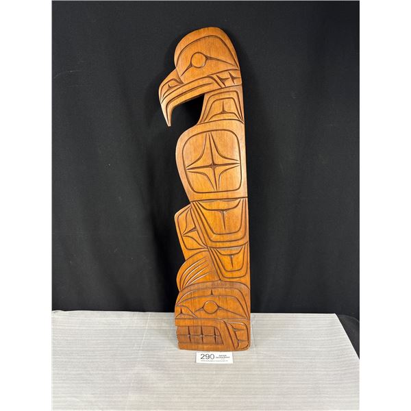 24" Tall West Coast Native Signed John Joseph Wooden Carving, Wild Man and Bald Eagle