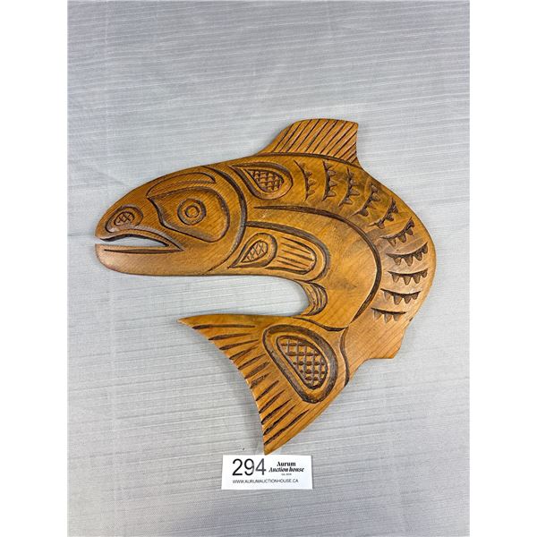 12" x  12" West Coast Native Wooden Carving of Salmon, Nicely Signed