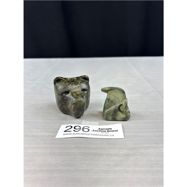 2 Nicely Carved Soapstones, Bear Head and Eagle Head, Incense Holder?