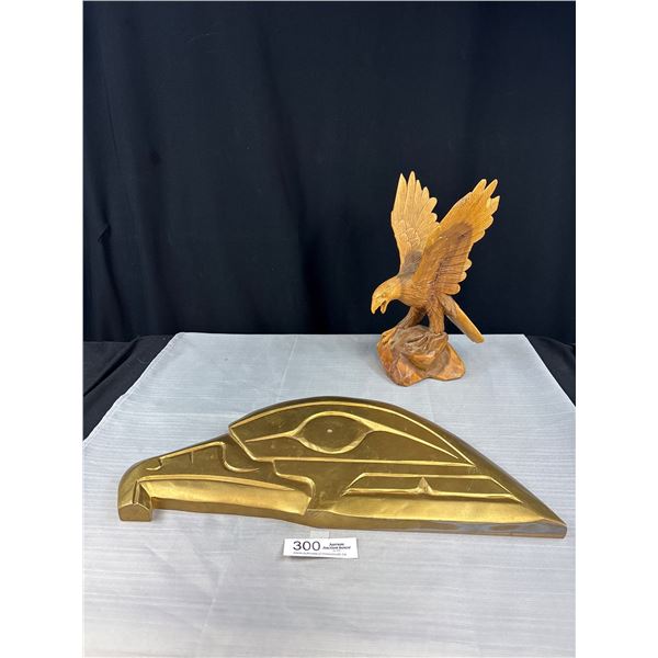 Nice Eagle Head Golden Plaque + Very Nice 18" Carved Eagle