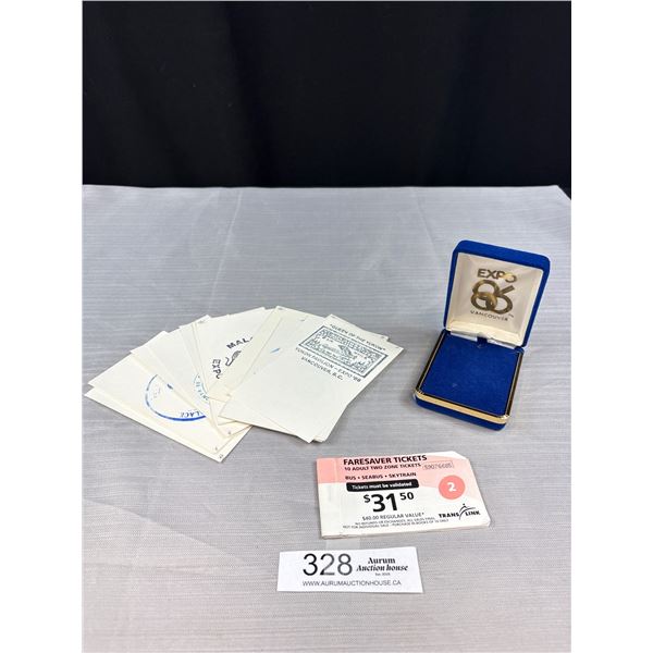 Expo 86 Vancouver Jewelry Box, Pavilion Cards + Translink Faresaver Tickets