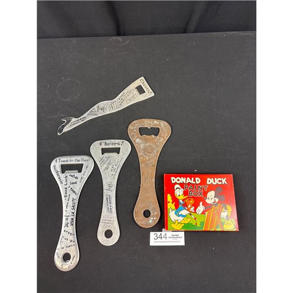 Lot of Vintage Novelty Bottle Openers + Old Donald Duck and Mickey Mouse Tin Paintbox
