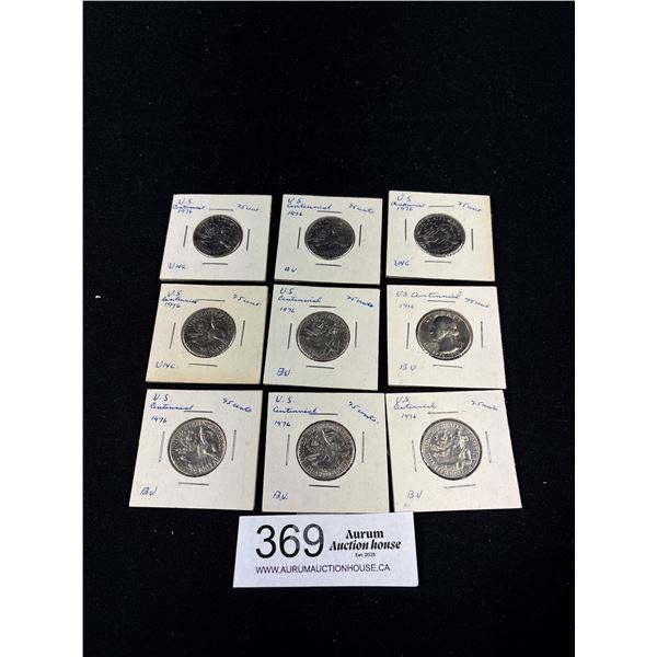 Lot of 9 US 1976 Centennial Denver Mint 25c Coins in Holder