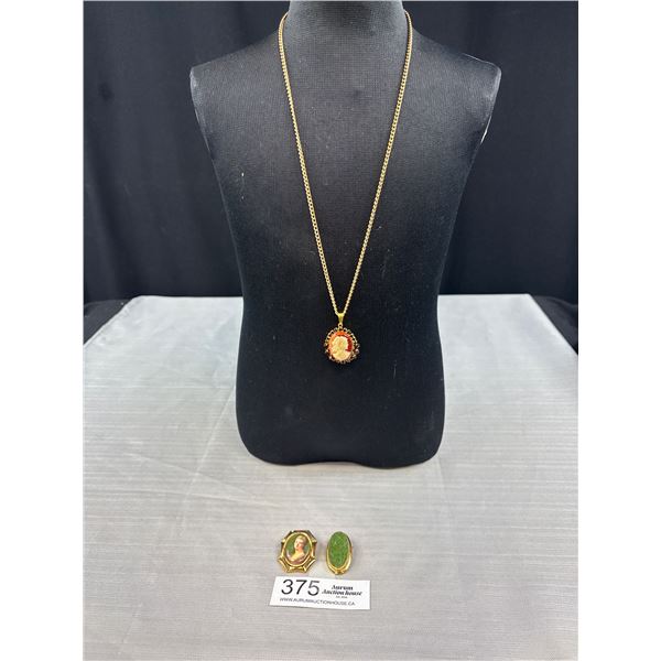 Vintage Cameo Pendant on Necklace + 2 Brooches