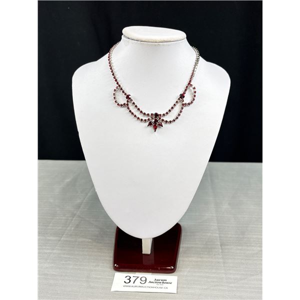 Vintage Red Stone Cranberry Silver Tone Necklace