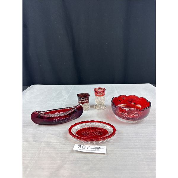 Lot of Turn Of The Century Souviner Cranberry Glass New Westminister 1911 Brandon Falls etc.