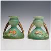 Image 2 : Pair of Roseville Pottery Candlesticks, Iris Pattern, Shape 851-3
