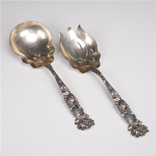 2pc Alvin Sterling Silver Bridal Rose Pattern Salad and Berry Serving Set