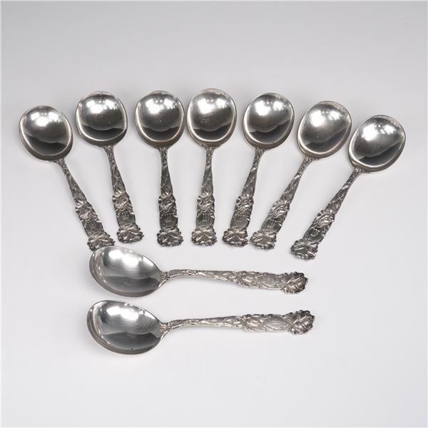 9pc Alvin Sterling Silver Bridal Rose Pattern Round Bowl Soup Spoons