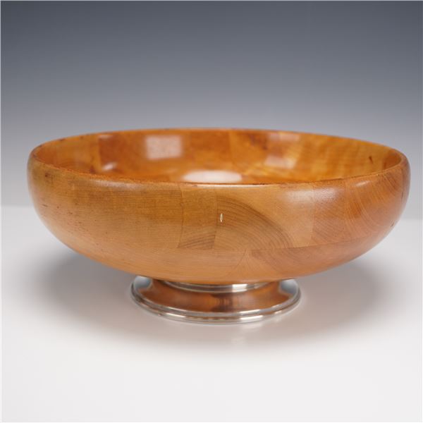 Midcentury Turned Wood Bowl with Sterling Silver Base