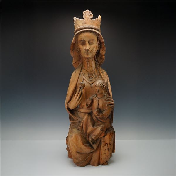 14th Century French Gothic Madonna and Child Carved Wood Sculpture
