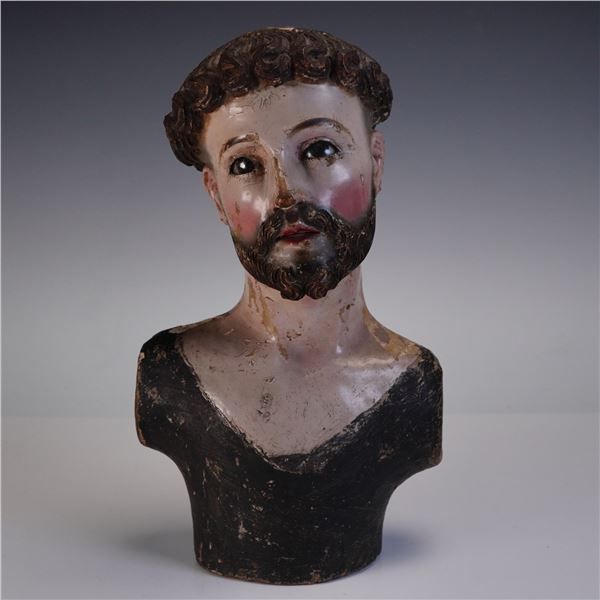 Wooden Santos Bust of a Male Saint with Glass Eyes