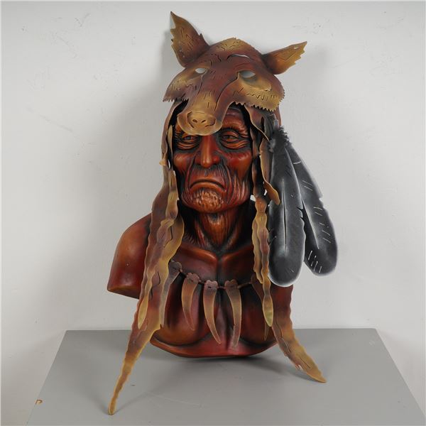 Polychrome Metal Relief Bust of Native American Elder with Wolf Headdress