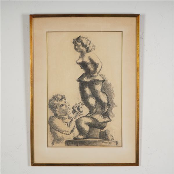 Chaim Gross, Drawing on Paper, Self-Portrait Sculpting a Nude, Signed
