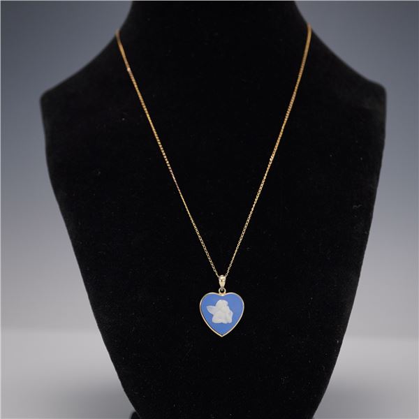 14K Gold and Blue Jasper Heart Necklace with Angel Motif