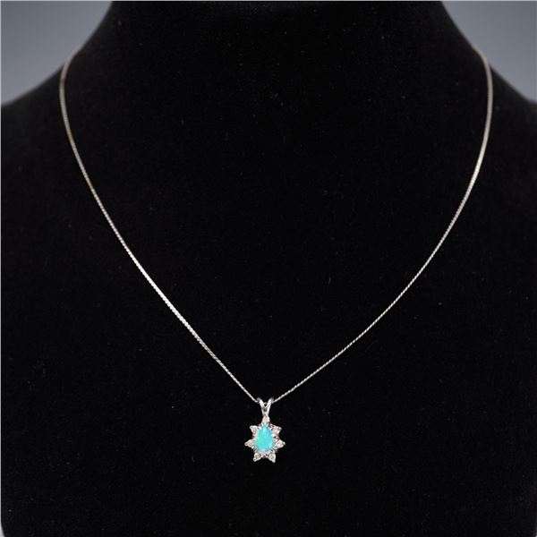 14K White Gold Italian Necklace with Lab-Created Opal and Cubic Zirconia