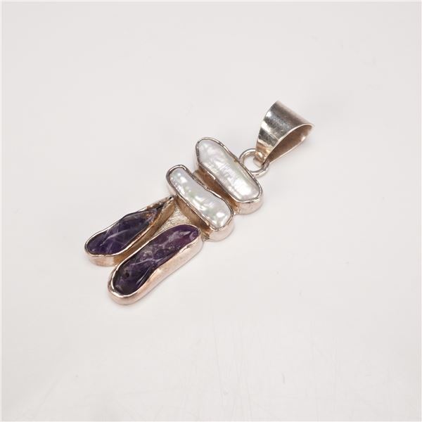925MEX Pendant with Squiggly Pearls and Purple Stones