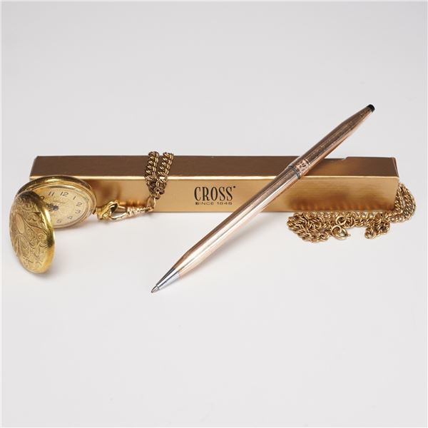 Cross Century 14KT GF Ballpt. Pen w/ Annex French 17-Jewel Pocket Watch