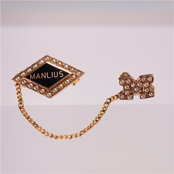 Vintage 10K Gold Manlius School Pin with Seed Pearls & Chain Connector