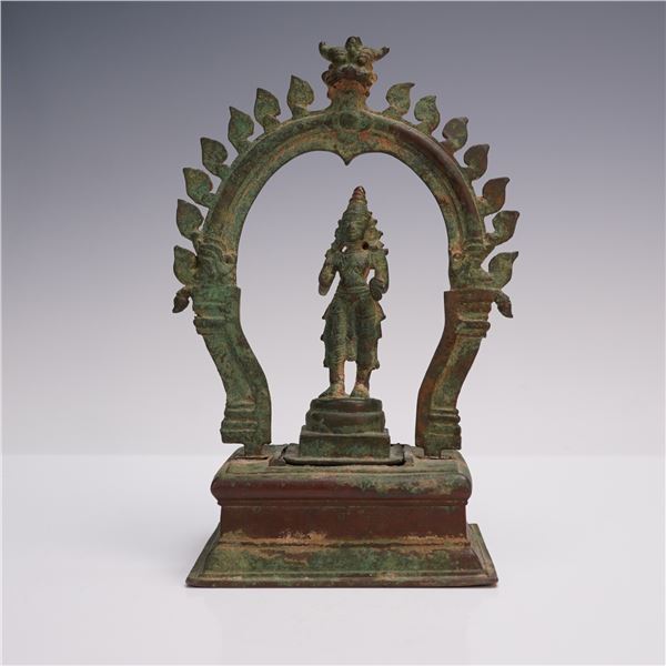3pc Indian Bronze Shiva Figure with Mandorla Arch and Base