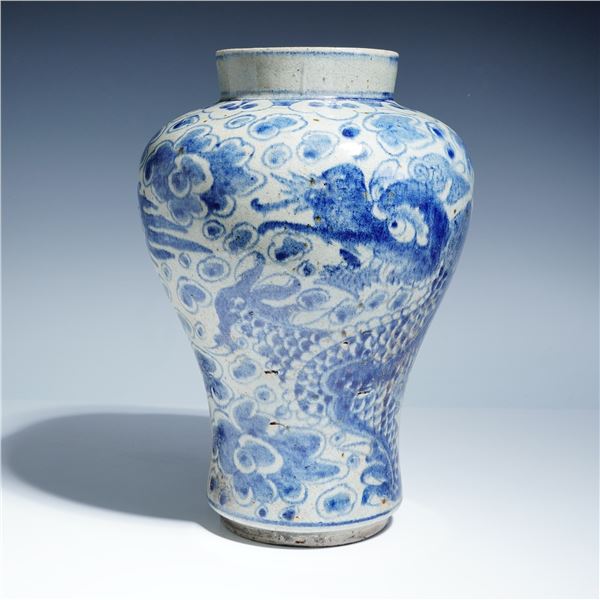 Korean Joseon Period Blue and White Dragon Vase