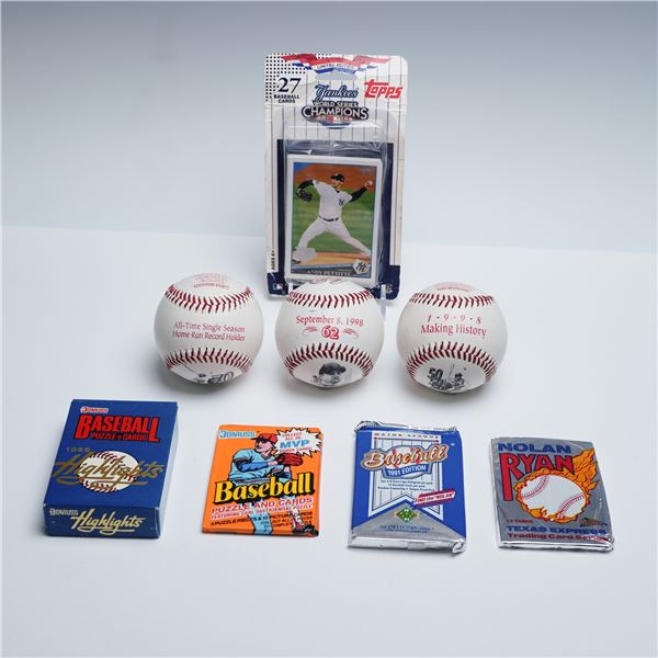 8pc Group of Baseball Memorabilia Items, Commemorative Ball & Card Packs