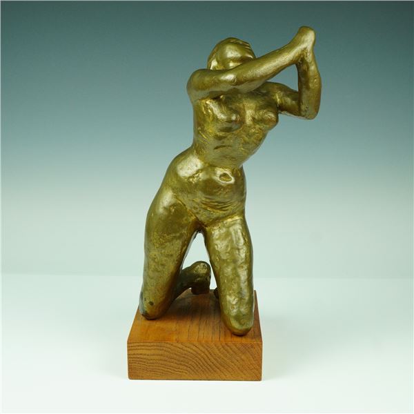 Minna Harkavy, Original Bronze Sculpture, Nude Female Arms Raised, Signed