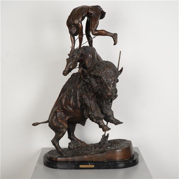 Frederic Remington, Bronze on Marble Base, Buffalo & Horse, Signed