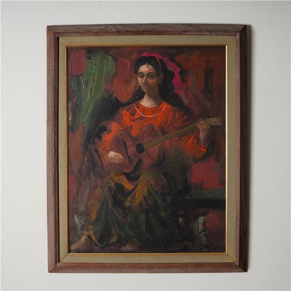 Byron Brown, Original Oil on Canvas, Woman w/ Guitar, Signed