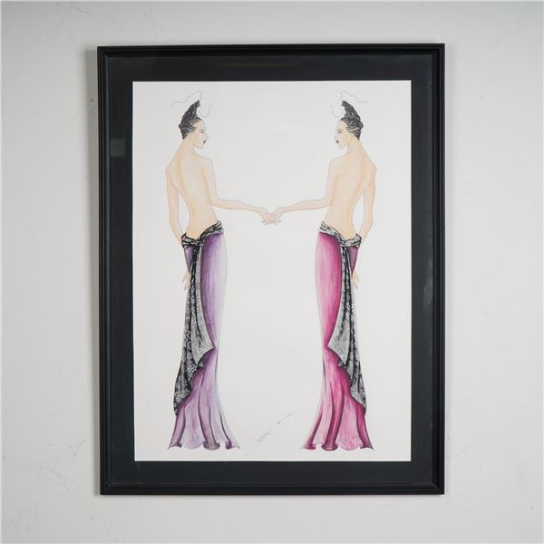 Original Art Deco Inspired Fashion Color Drawing on Paper, Signed & Dated