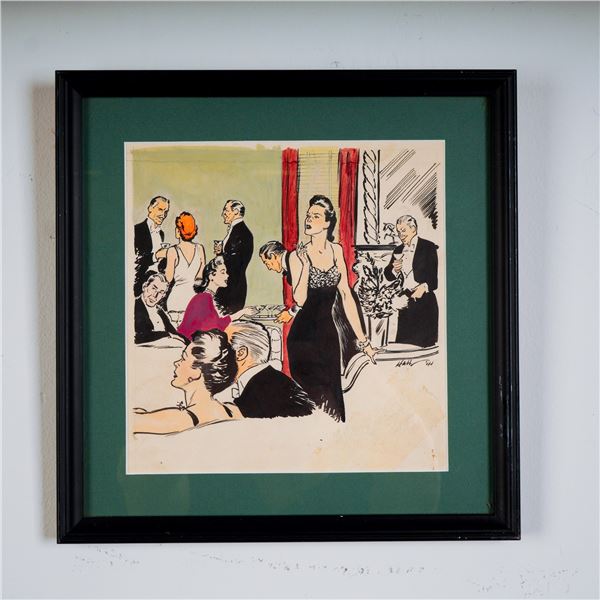 Wayne Hall Illustration in Ink & Wash, Elegant Cocktail Party Scene, Signed
