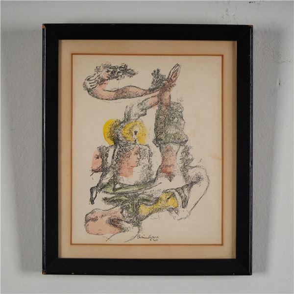 Chaim Gross, Ink and Watercolor on Paper, Abstraction w/ Nudes, Signed
