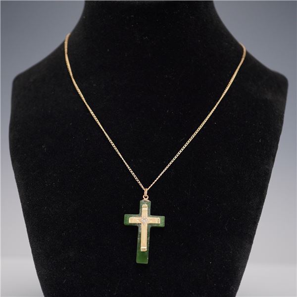14K Gold and Jade Cross Necklace with White Stone Accent