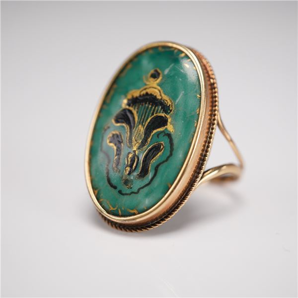 14K Gold Ring with Decorated Green Stone Cabochon