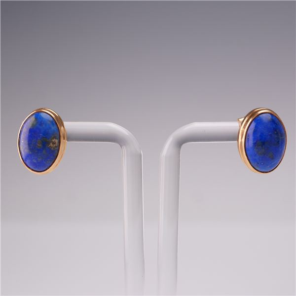 Oval Lapis Lazuli Stud Earrings in Gold-Tone Bezel Setting
