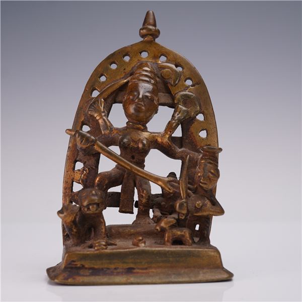 Indian Bronze Deity Durga with Buffalo Demon Figurine