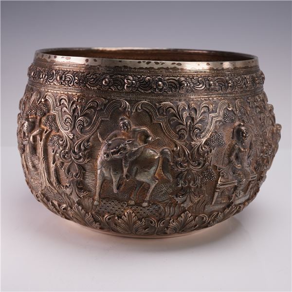 Burmese Thabeik High Relief Figural Silver Bowl