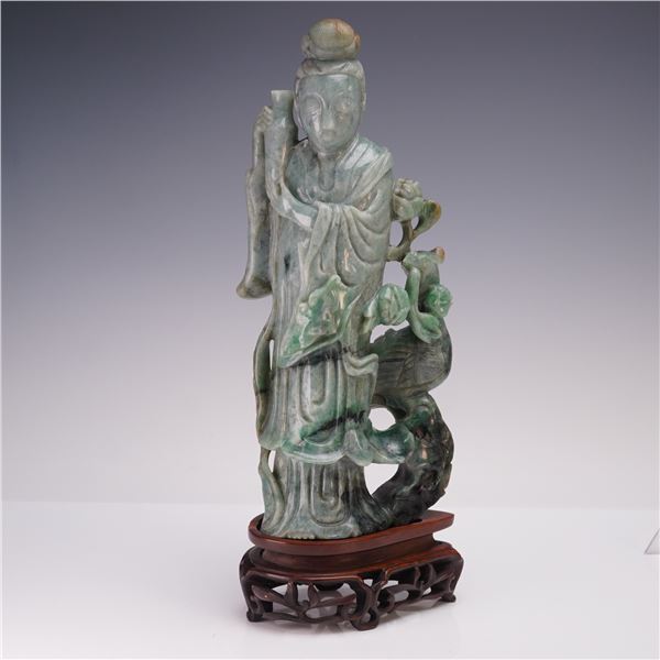 2pc Chinese Carved Jadeite Guanyin Figurine with Base