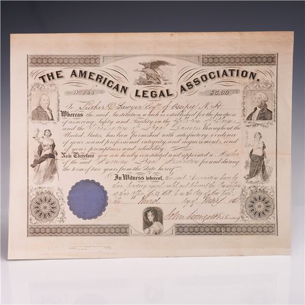 1857 American Legal Assoc. Membership Cert. Signed by John Livingston