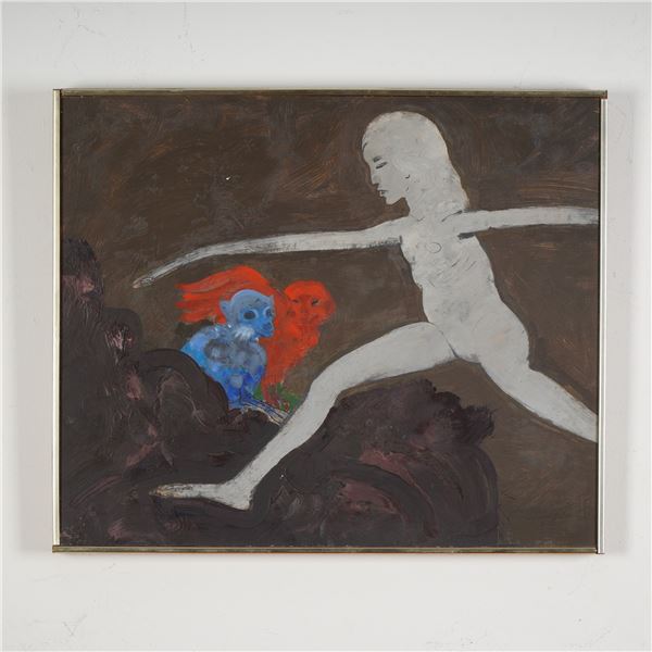 Robert Beauchamp, Original Oil on Wood Panel, Nude Monkey & Bird