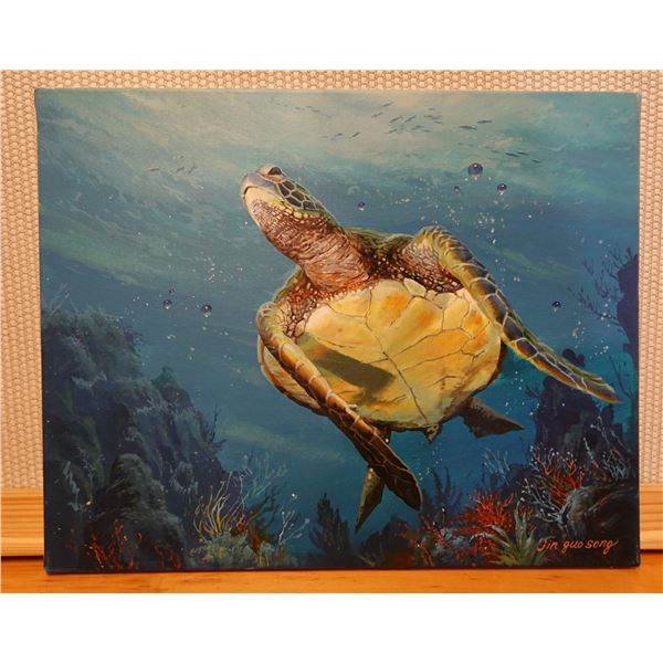 Original Painting on Canvas, Honu Turtle by Jin Guo Song, Unframed 16" x 18"