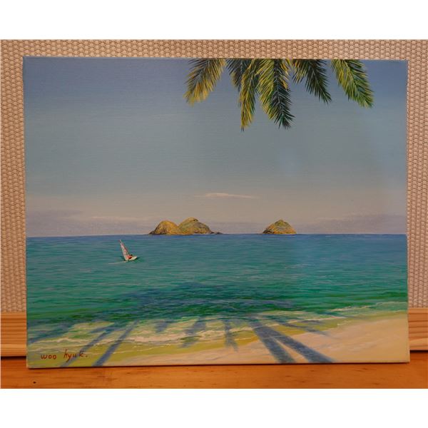 Original Painting on Canvas, Mokuloa Islands & Windsurfer by Woo Hyuk, Unframed 16" x 20"