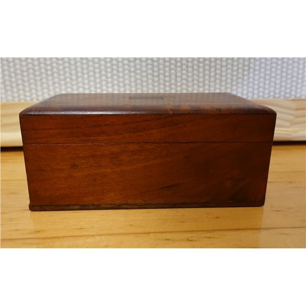 Antique Wooden Rectangular Box w/ Hinged Lid & Inlay Top, Interior Appears to be Lined w/ Milk Glass