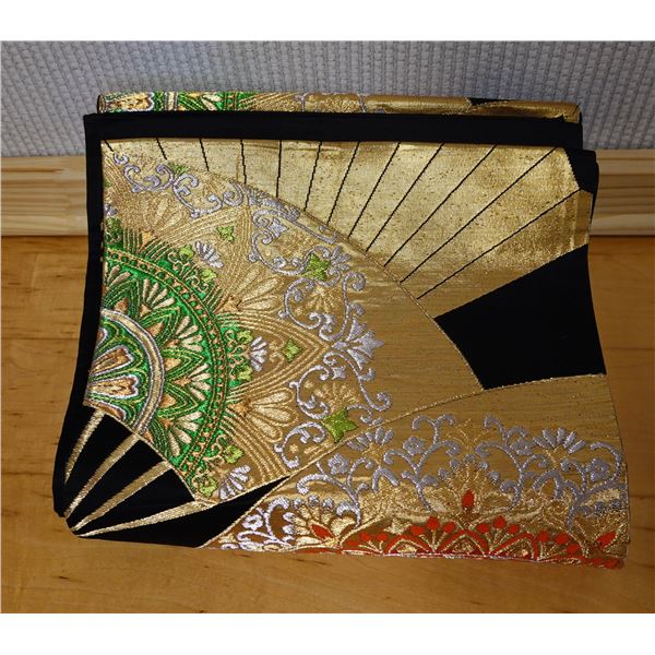 Vintage Obi Backed w/ Silk, Featuring Gold Thread & Brocade Fan Design 168"L