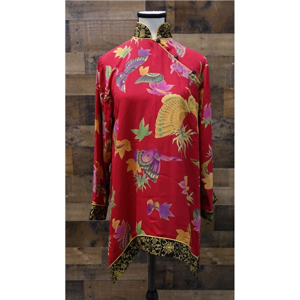 Silk Top w/ Mandarin Collar by Anne Namba w/ Fan & Butterfly Design Size Small  (never worn)