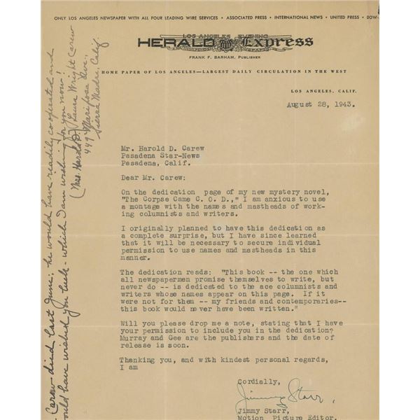 Screenwriter Jimmy Starr signed letter