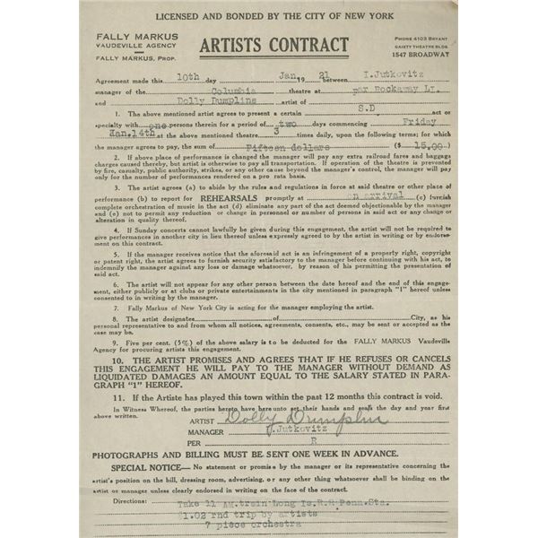 Artist Contract for Dolly Dumpling dated January 10, 1921
