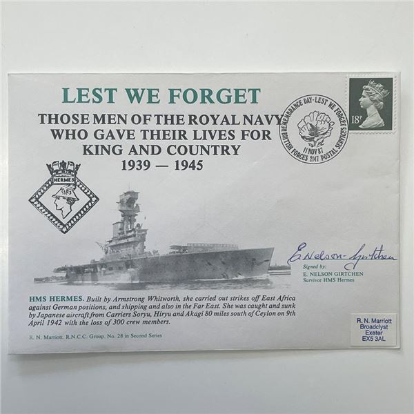 WWII Royal Navy HMS Hermes Survivor E. Nelson Girtchen signed Commemorative Cover