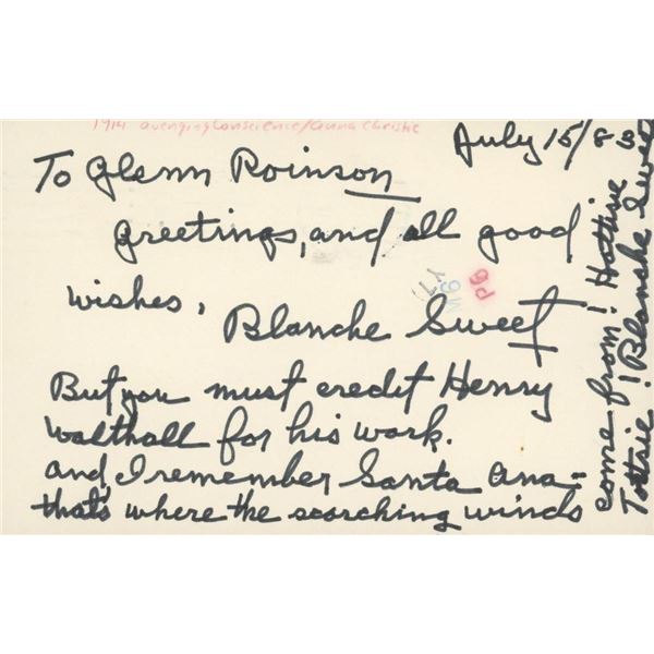 Silent Film Star Blanche Sweet handwritten note