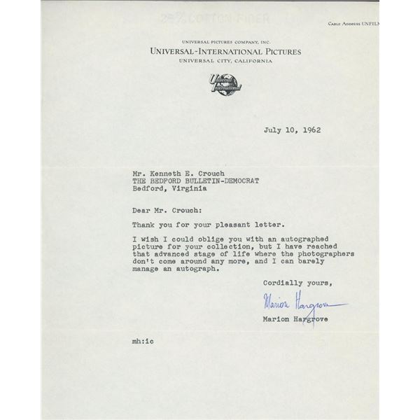 Marion Hargrove signed letter